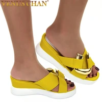 new arrival patent leather metal chain slides outdoor casual womens shoes plus size wedges shoes for women slip on high heels