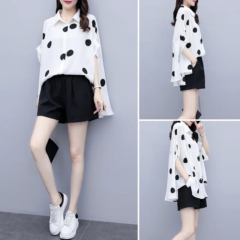 Модный женский летний модный Повседневный шифоновый топ в горошек + черные шорты