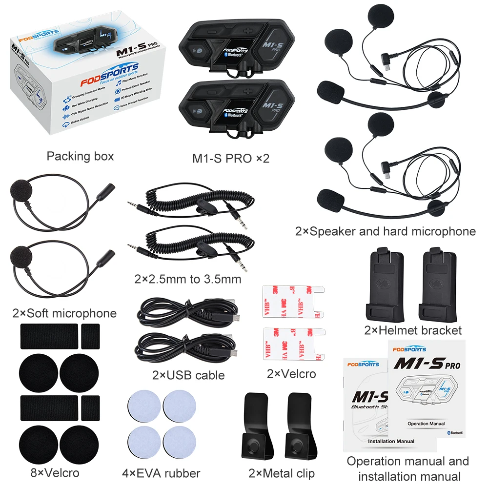 2 шт Fodsports BT мотоциклетная гарнитура, шлем, домофон, M1-S pro 8 Rider, 2000 м, для групповых разговоров, мото, Bluetooth, водонепроницаемый, переговорные
