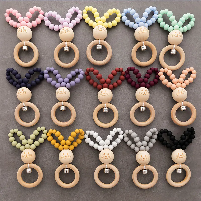 1PC Silicone Baby Teether Rodent Bunny Rattle Bracelet Wooden Ring Teething Toy Food Grade Hand Bell For Children Goods | Мать и ребенок