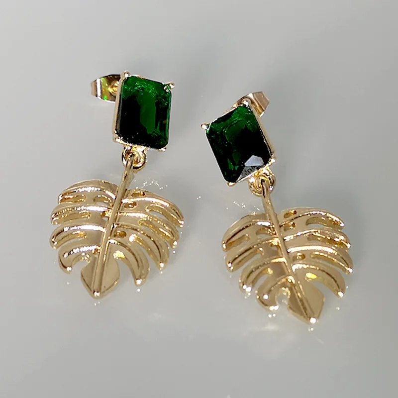 

Boho Female Green Square Zircon Earrings Trendy Gold Color Stone Stud Earrings For Women Dainty Bride Leaf Wedding Earring