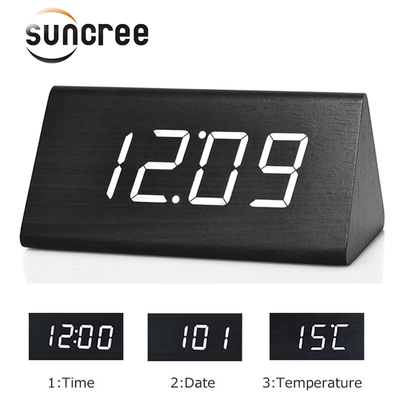 Suncree деревянный светодиодный Будильник с будильником звуковым управлением