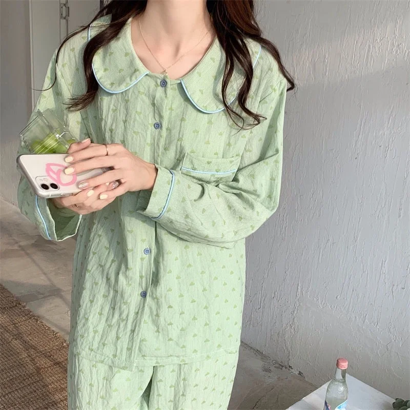 QWEEK Women's Cotton Pajamas Kawaii Doll Collar Heart-shaped Pijamas Solid Color Green Pink Sleepwear Spring Autumn Pyjamas Cute