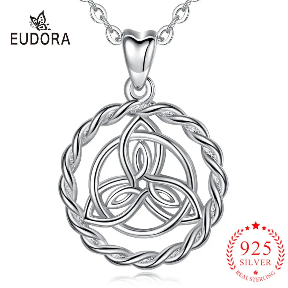 EUDORA 925 Sterling Silver Celtic knot Pendant Fine Round trinity knot Necklace good luck Lady Jewelry with box best Gift D123