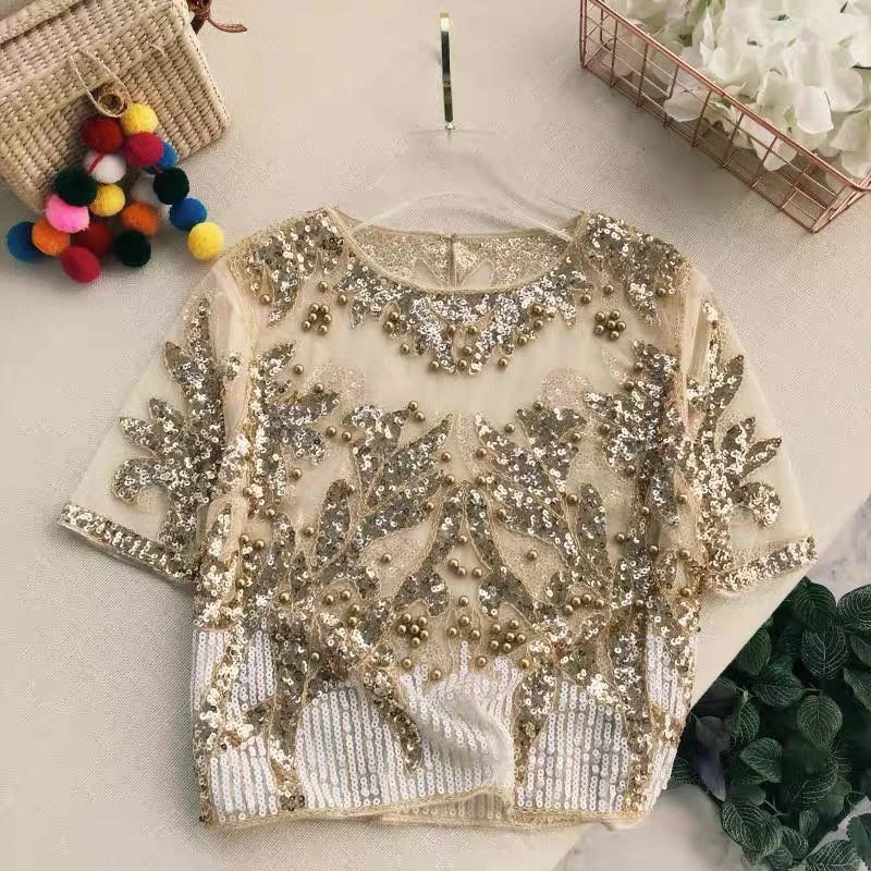 

Women's sequined mesh top see-through short-sleeved T-shirts Women's short T-shirts Women's T-shirts 2021 retro elegant beading