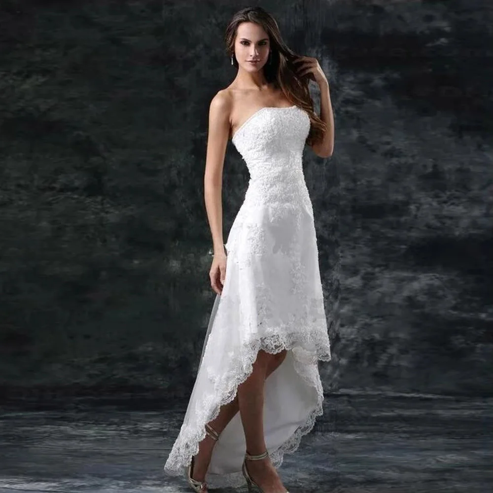 

2021 Wedding Dresses Sexy Strapless Appliques High Low Little White Ivory Lace Up Back Summer Beach Short Bridal Gowns