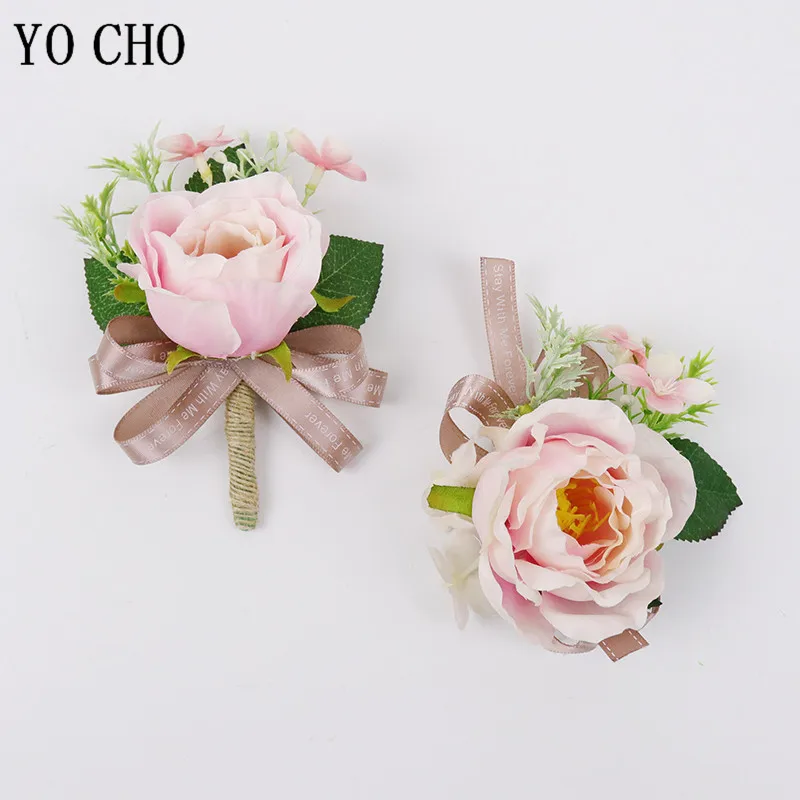 

YO CHO White Pink Artificial Silk Flowers Groom Boutonniere Bridesmaids Wrist Corsage Wedding Hand Flowers Party Suit Decoration