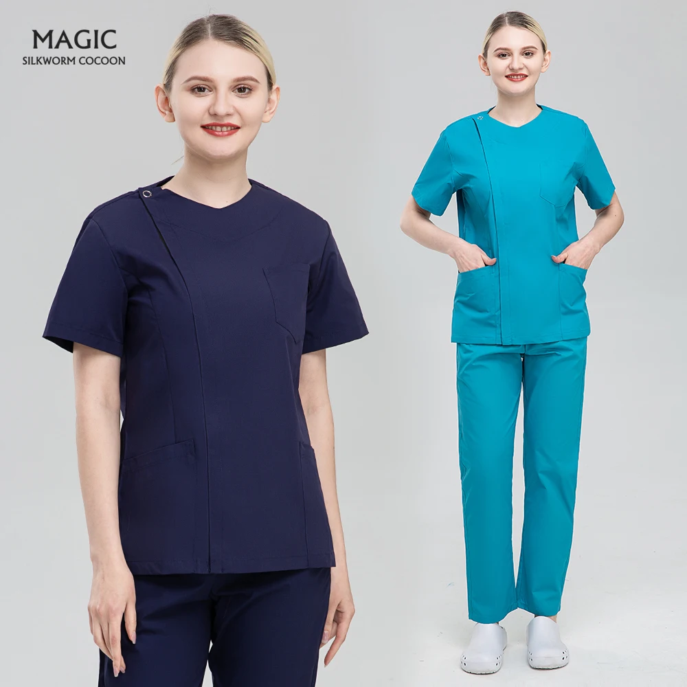 

High Quality Frosted V-neck Short-sleeve Medical Top Beauty Salon Elastic Waist Pant Unisex Pharmacist Nursing Uniform Wholesale