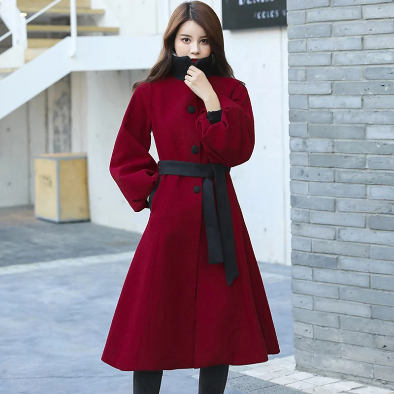 Винтажные длинные шерстяные пальто с рукавами-фонариками куртки Женская