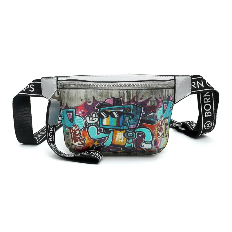 Silver Fanny Pack Women Waist Bag Leather Crossbody Belt Shoulder Bags Waist Packs Girls Waterproof Street Sport Cartoon Chest Bag N88 - Цвет: Silver