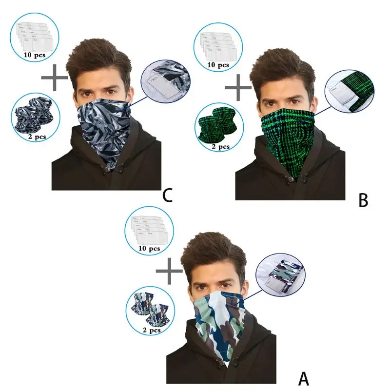

2 Pack Unisex Balaclava Anti Dust Face Mask with 10Pcs Safety Filter Geometric Camo Print Motorcycle Neck Gaiter Scarf