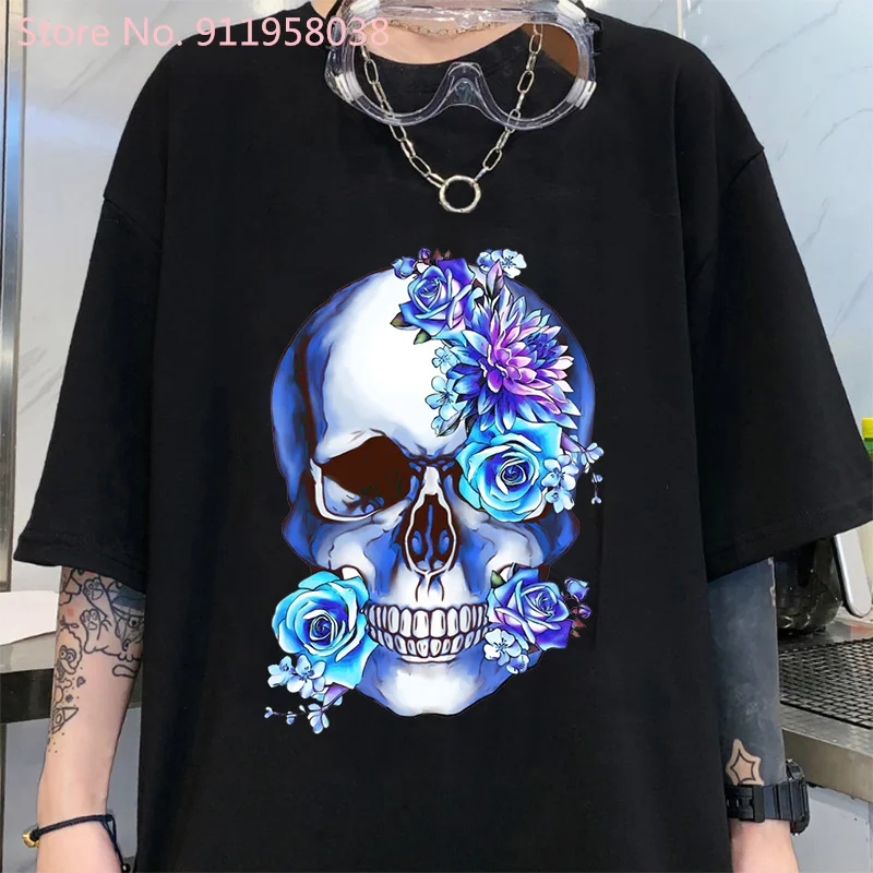 

Human Anatomy Skull Blue Watercolor Floral Classic Design Tshirt Deadly Beautiful Print T Shirt Oversized Male/Female T-Shirts