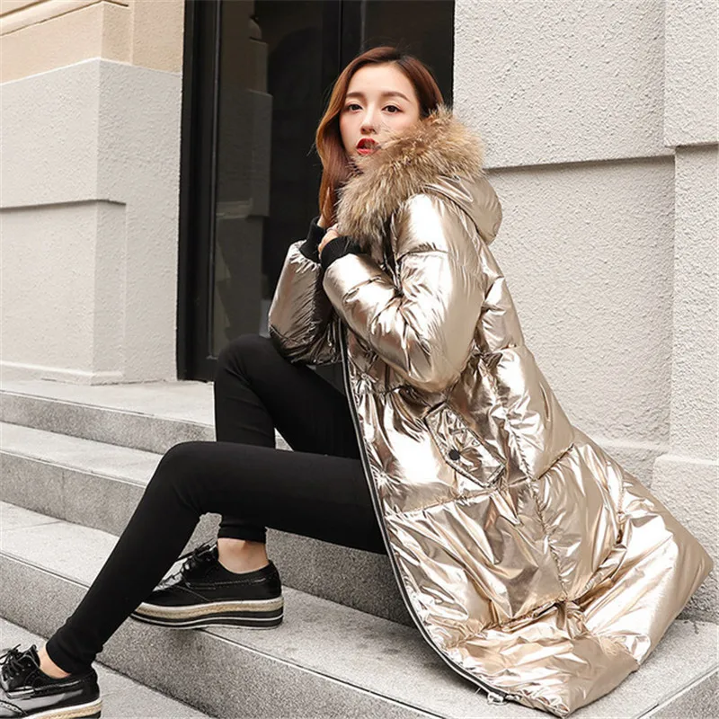 

Parker Coat Women's Down Cotton Winter Jacket Coats Mid-Length Hooded Faux Fur Collar Glossy Keep Warm Ladies Overcoat Parkars