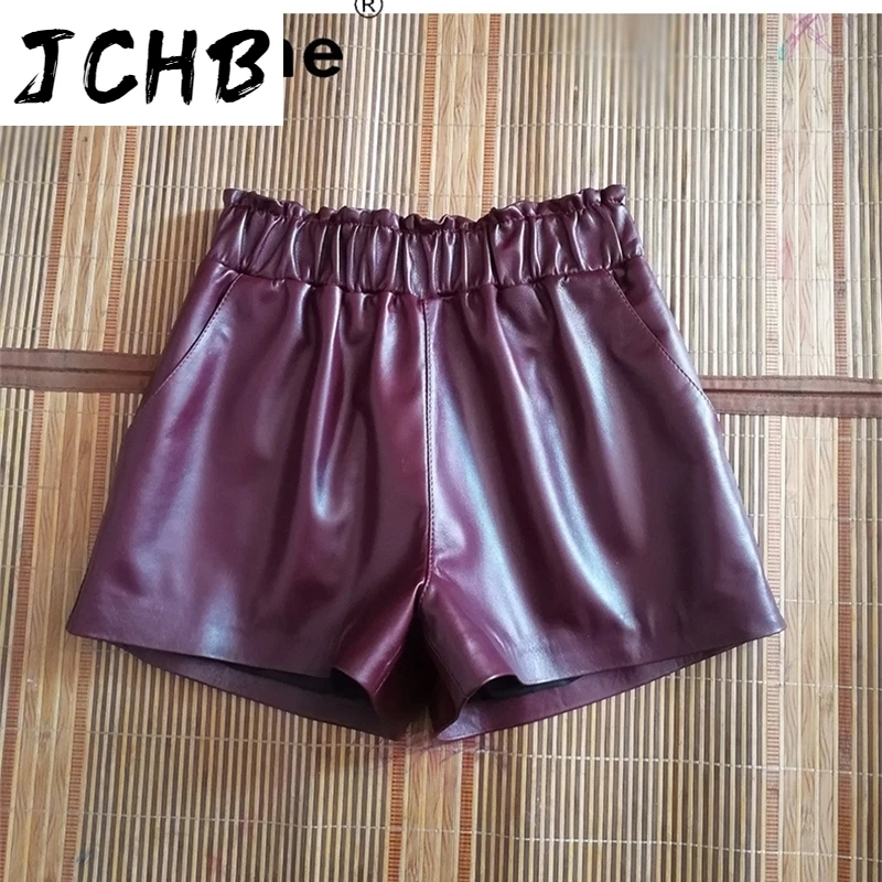 SHZQJCHB 2021 Women Trousers Real Sheepskin Women's Shorts Genuine Leather Shorts Female Clothing Spodnie Damskie TN2321