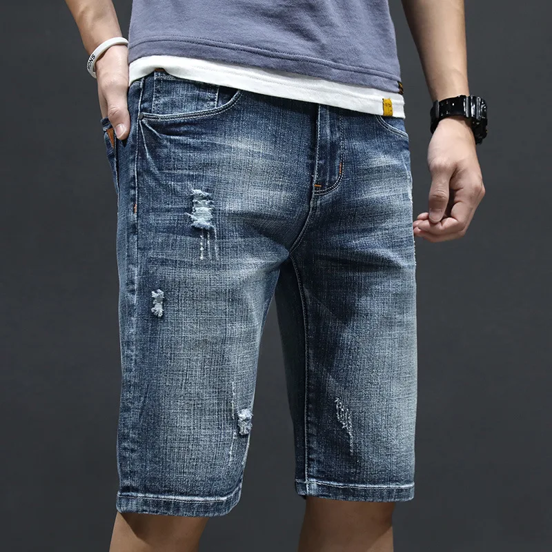 

Denim shorts men's five-point pants summer style Korean style trendy washed men's small straight feet thin shorts