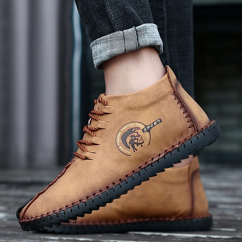 Зимняя мягкая мужская обувь на плоской подошве кожаные мужские ботинки высокие