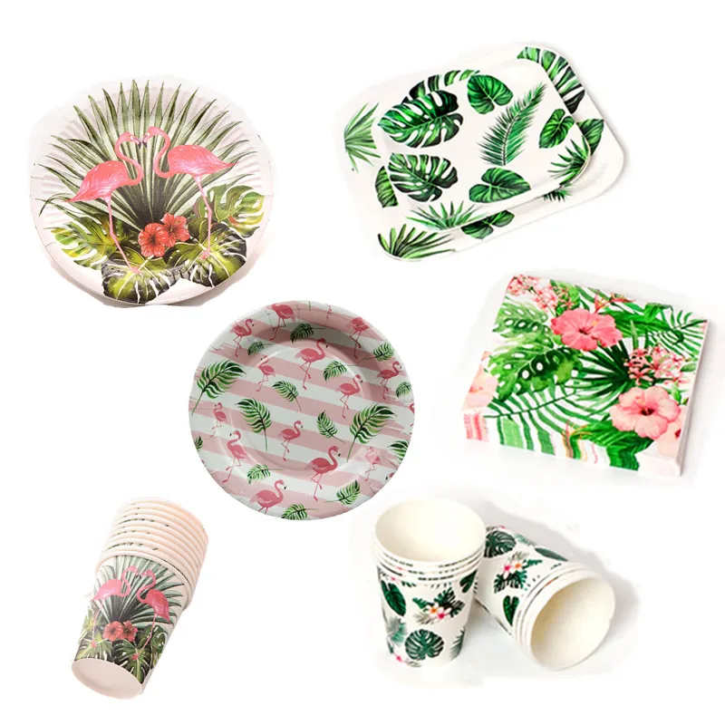 Летняя тропическая одноразовая посуда зеленая Пальмовая бумага с Фламинго
