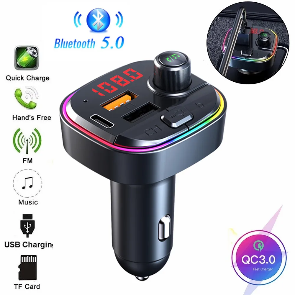 

Bluetooth 5.0 Car Kit Handsfree FM Transmitter Car MP3 Player with PD18W QC3.0 Quick Dual USB Charge Support U Disk Playback