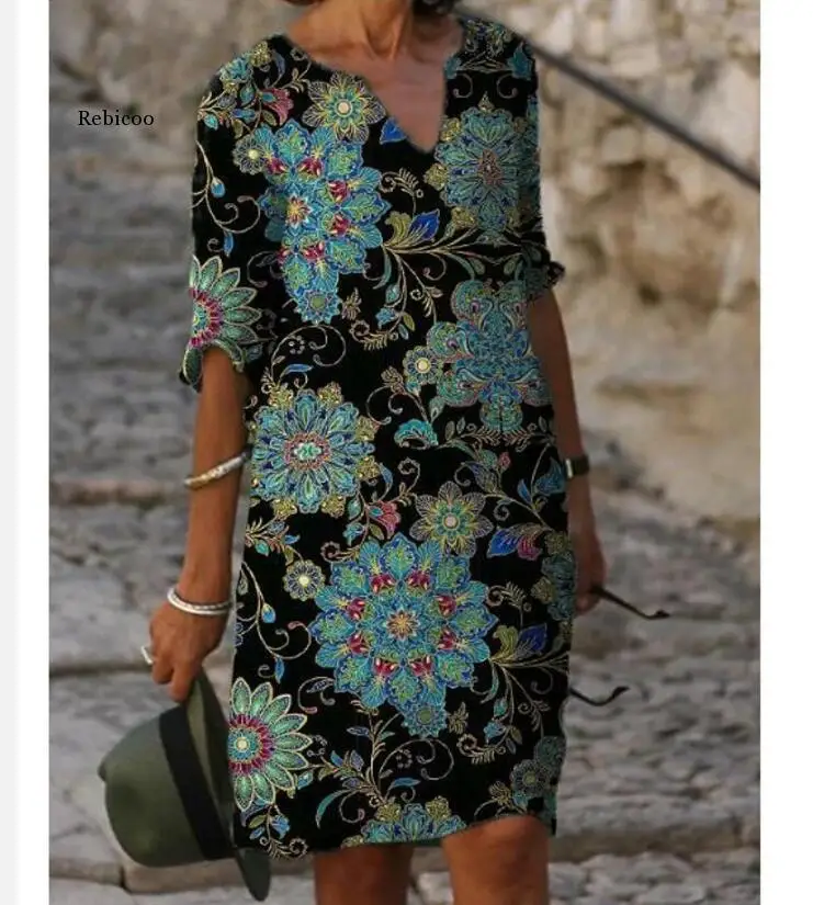 

Женское винтажное платье с принтом, свободное ТРАПЕЦИЕВИДНОЕ ПЛАТЬЕ С V-образным вырезом, рукавом до локтя, в стиле ретро, лето 2021