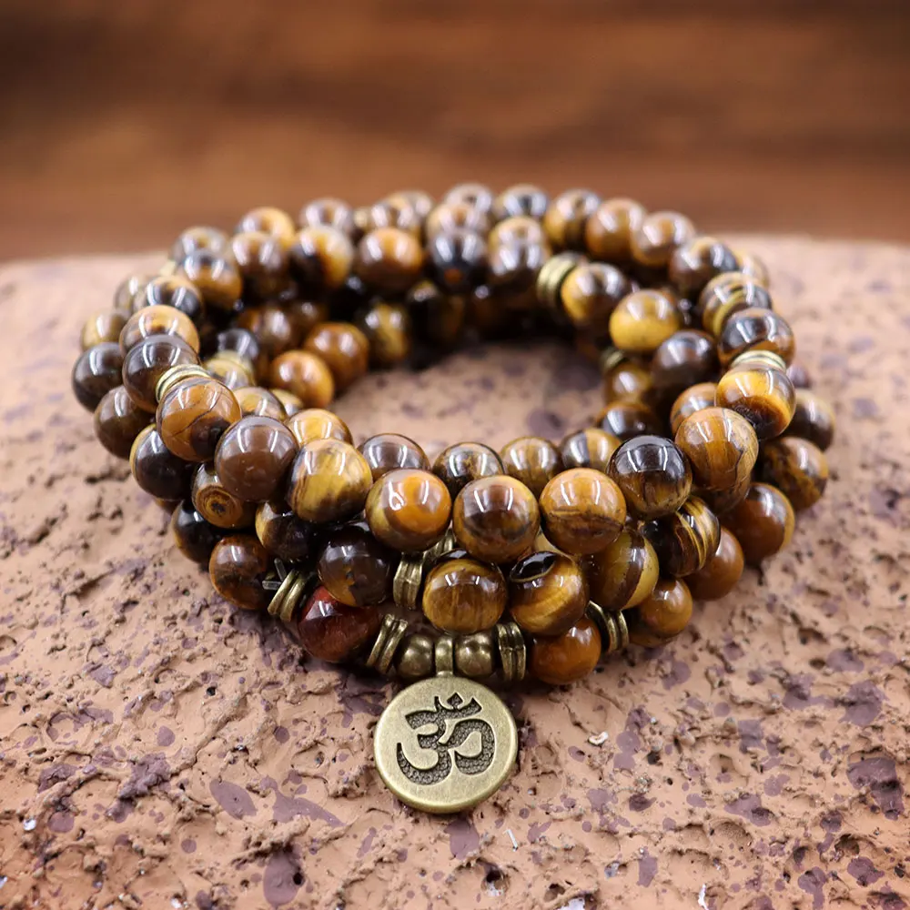 

108 Mala Beads, тигровый глаз, браслеты из натурального камня для йоги, браслет и ожерелье, ювелирные изделия на удачу для женщин и мужчин, браслет