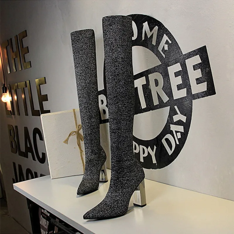 

2021 NEW Winter New Women Stretch Fabric Long Sock Boots Sexy Stiletto High Heels Over The Knee Booties Thigh High Boots Shoes
