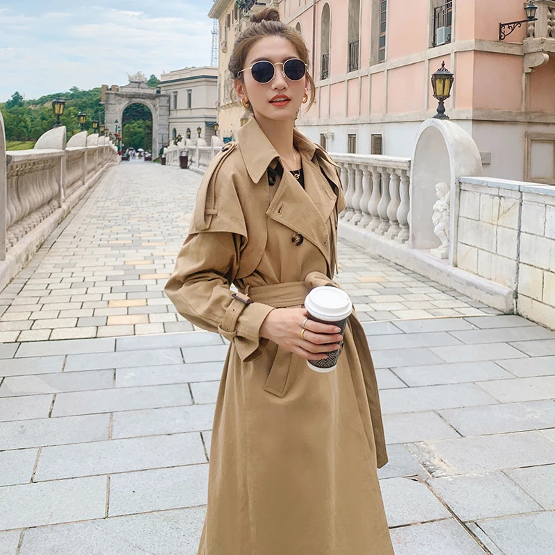 

Unua amo Khaki Women's Windbreaker With Belt Autumn 2020 Fashion Casual Plus Size Classic Double-breasted Long Trench Coat