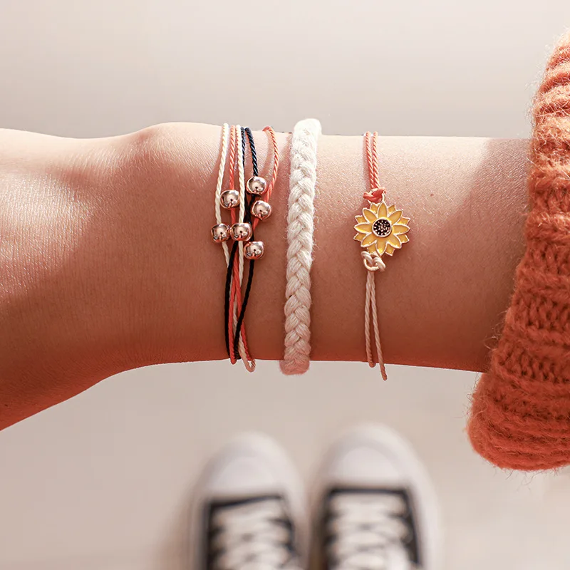 

Bohemain Etchnic lovely wax thread with bells daisy charms white handmade woven bracelet set
