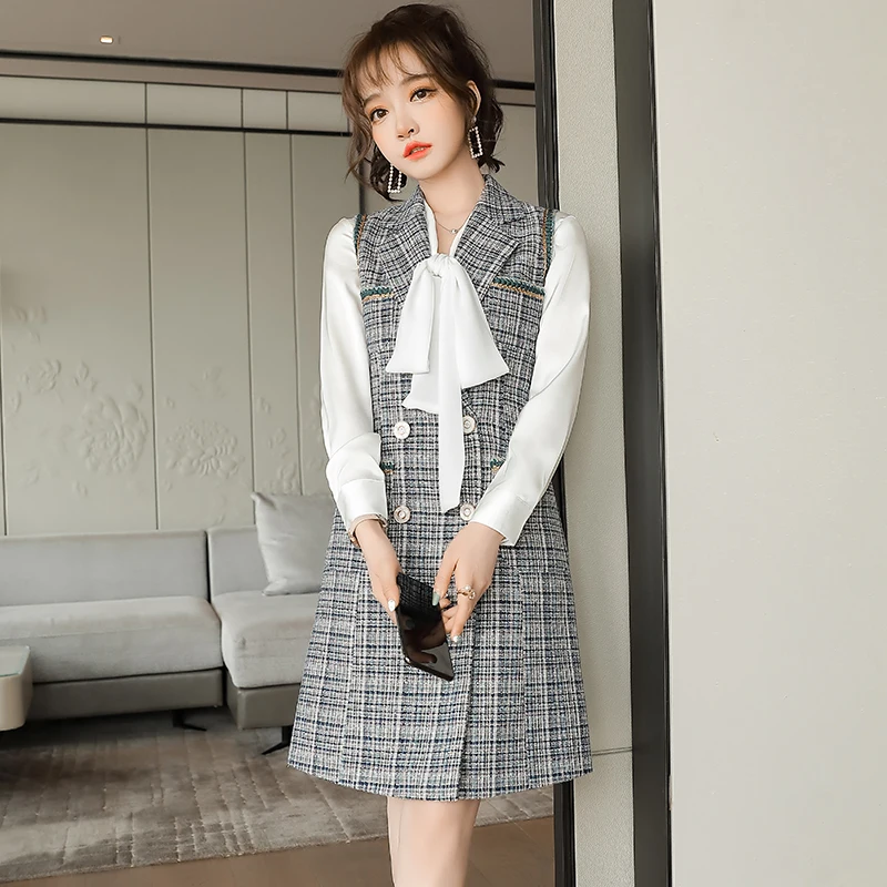 

Женский офисный комплект из 2 предметов, элегантное серое платье без рукавов и блузка с бантом на воротнике, одежда для работы, новинка весны...