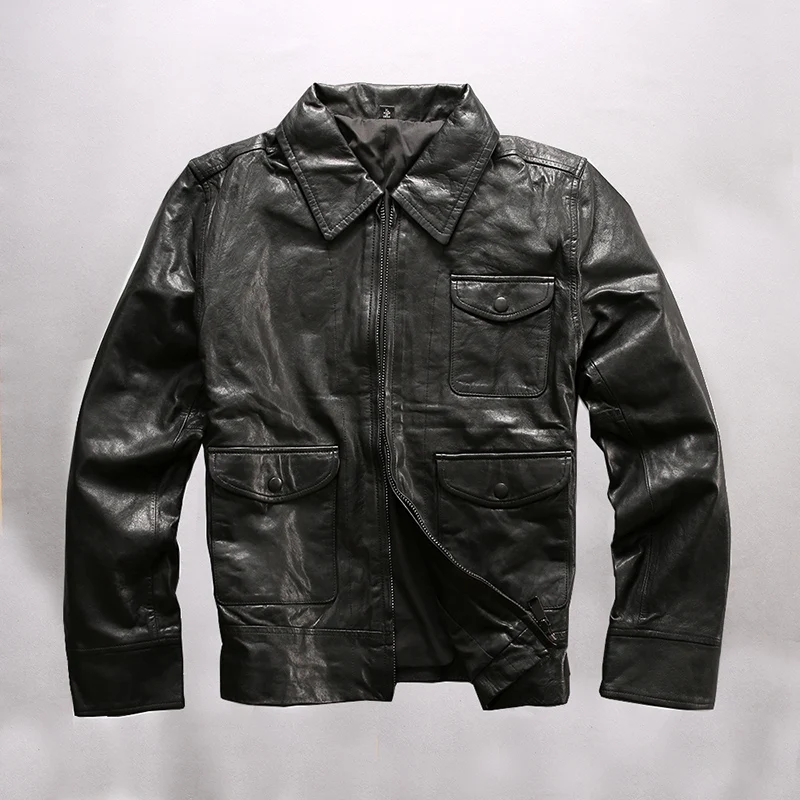 

fashion cowskin biker slim fit mortorcycle style genuine jacket men black real leather coat