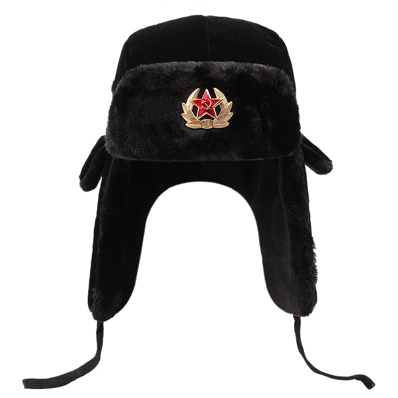 

Soviet military badge Russian Ushanka bomber hat pilot hat faux rabbit winter hat with fur earmuffs snow hat Cycling cap ski cap