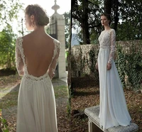 new white chiffon long sleeve beach wedding dresses 2021 lace illusion backless cheap boho bride gowns bridal