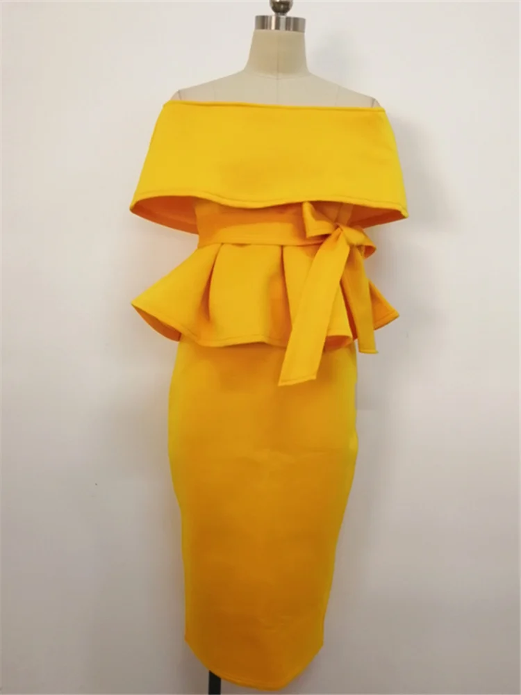 Женский комплект юбка топ с баской блузка открытыми плечами желтый два предмета