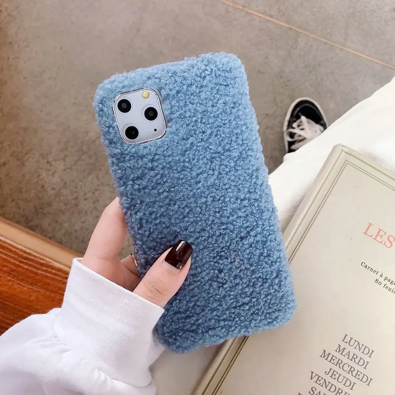 

Winter Warm Pink Furry Plush Phone Case for Iphone 11 12 Pro Max 7 7plus X Xs Max SE2 Solid Flannel Fur Case Soft Tpu Back Cover