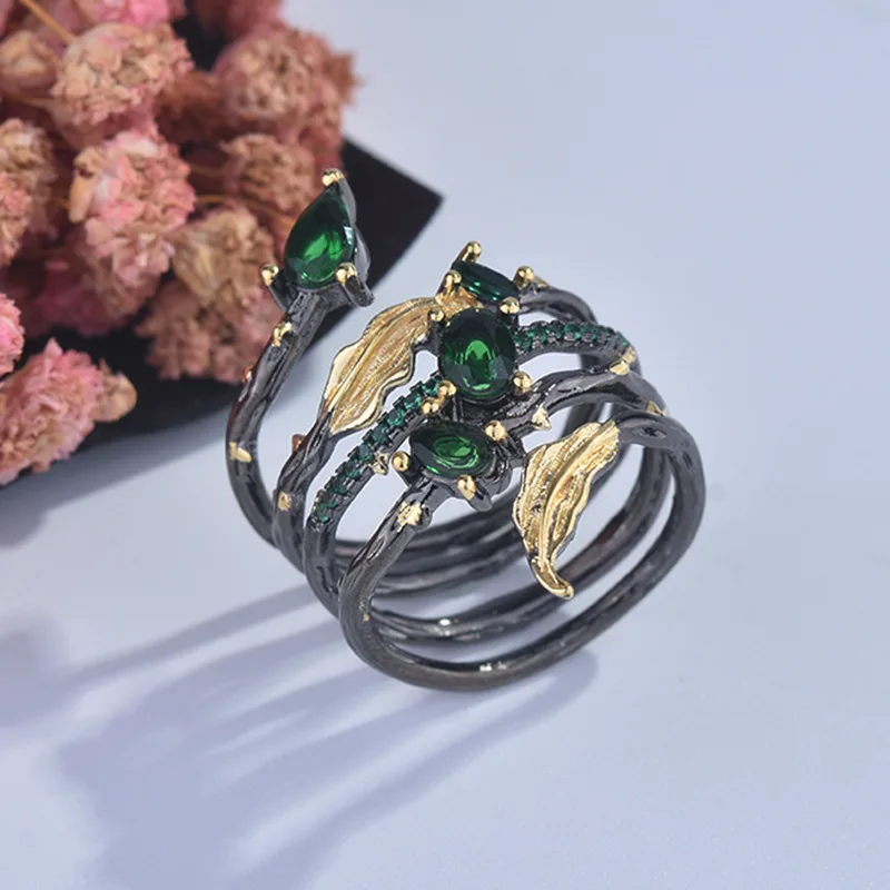Vintage Exquisite Black Gold Color Leaf Feather Ring Female Purple/Red/Green Crystal Stone Wedding Party Jewelry Accessoire | Украшения и