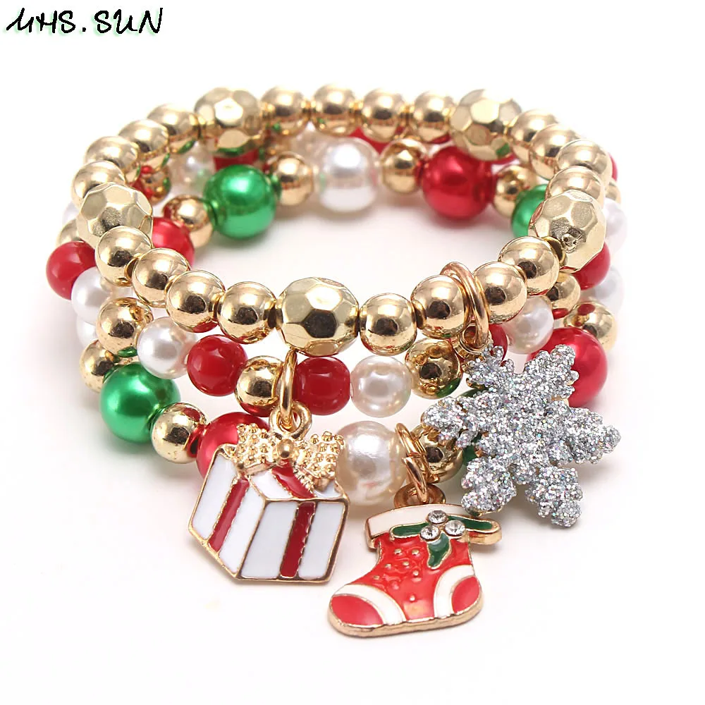 MHS.SUN 3pcs cute kids girls charms bracelets christmas style beads elastic bangles diy jewelry for children gift - купить по