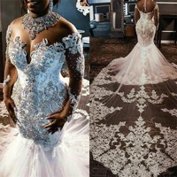 top lace mermaid wedding dresses 2023 tulle lace applique beaded crystals long sleeves wedding bridal gowns chapel train