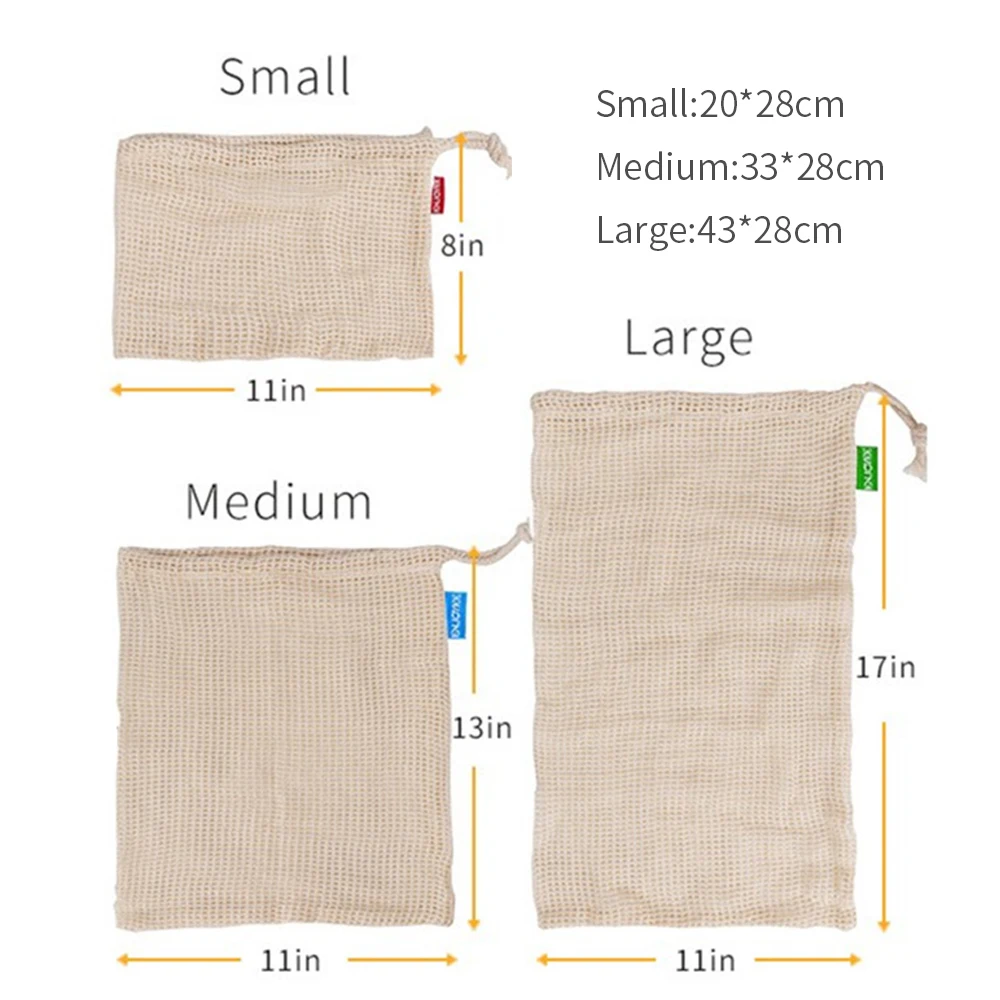 

3PCS Vegetable Storage Bag Reusable Eco Friendly Cotton Mesh Bag Fruit and Vegetable Bag Portable Shopping Bag with Drawstring