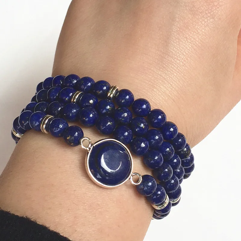 

Women Rap Bracelet Gold Silver 74 cm Round Charm 6 mm Lapis Round Beads Nature Stone Elastic string bracelets For Yoga Necklaces