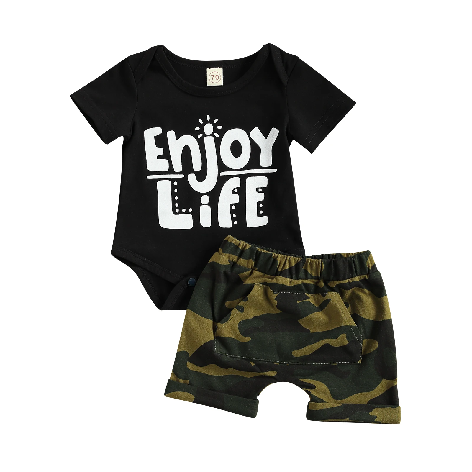 

2 Pcs Newborn Baby Boys Clothes Casual Outfits Letter Print Short Sleeve Round Neck Romper + Camouflage Shorts with Pocket