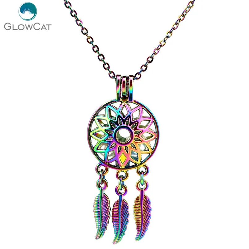 

C791 Rainbow Color Dream Catcher Beaty Heart Infinite Leaf Cage Pendant Aroma Essential Oil Diffuser Locket Necklace