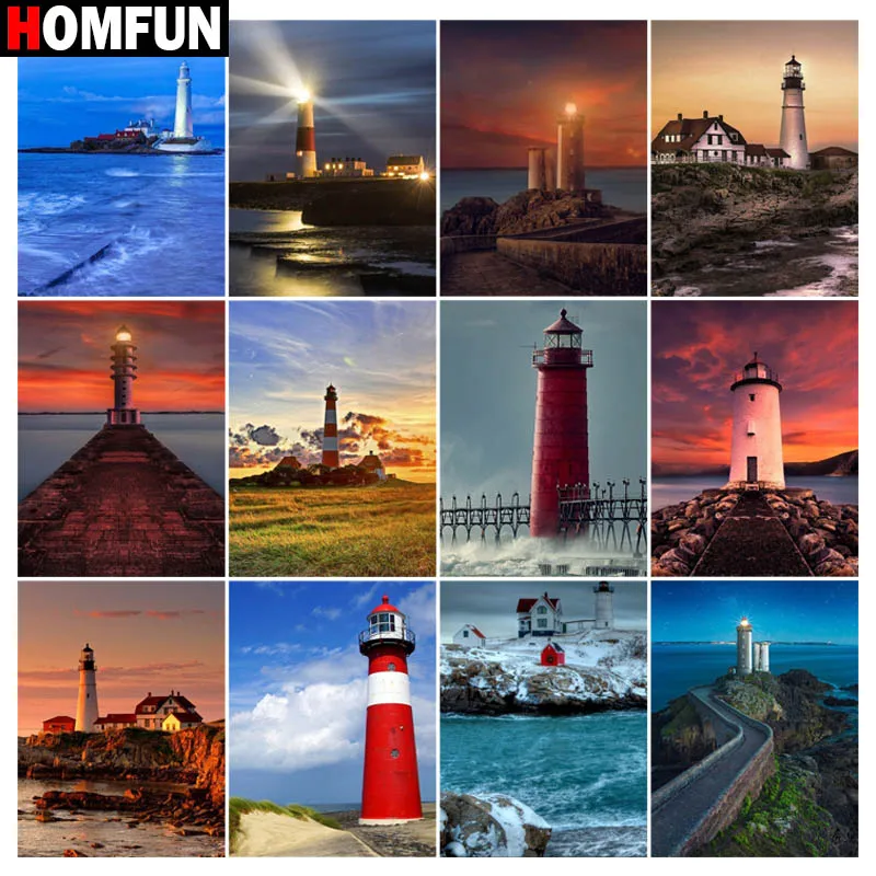 

HOMFUN Square Round Drill 5D Diamond Painting Environmental Crafts Full Diamond Embroidery "Sea lights tower" Home decor