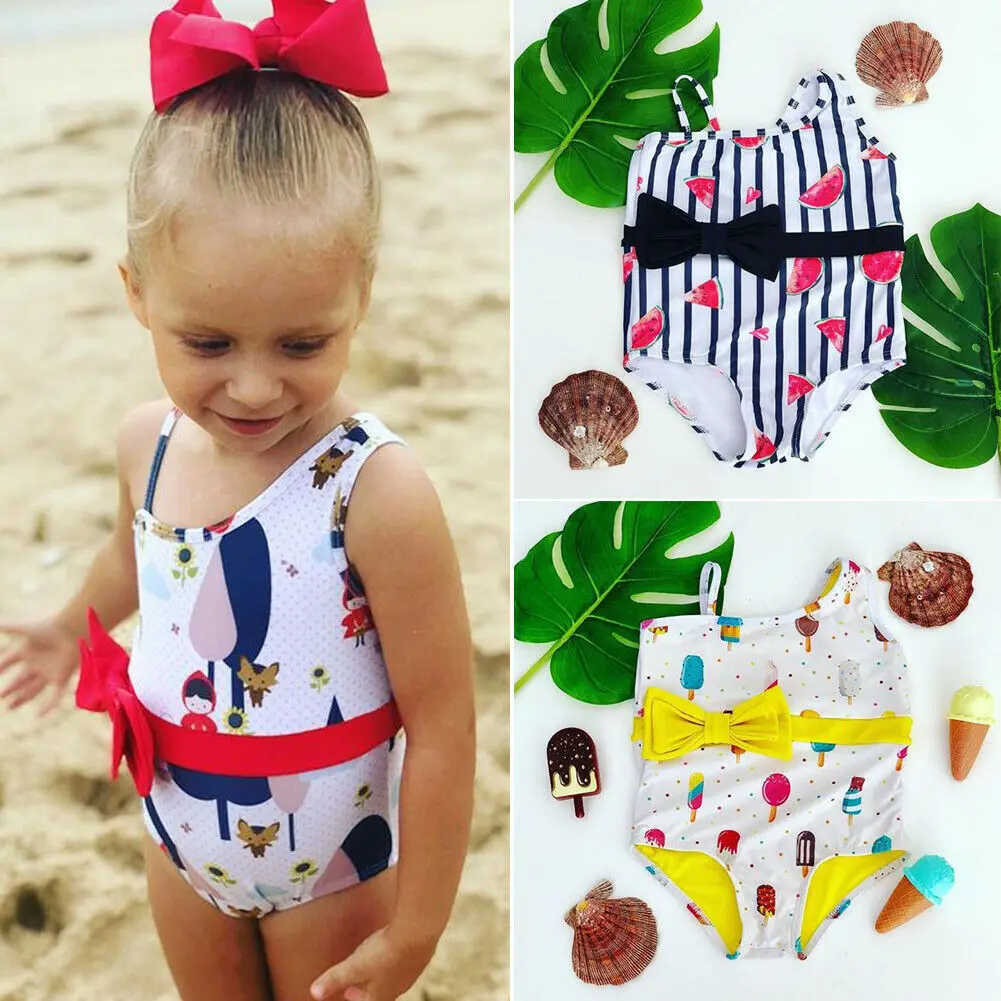 Летние Детские купальники для девочек цельнокроеные костюмы с бантом женские