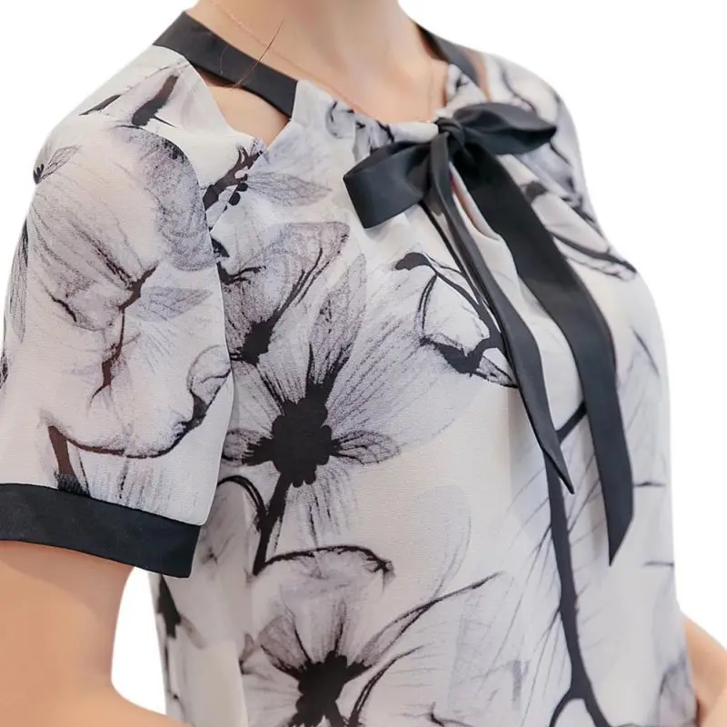 

Summer Vintage Fashion Qualities Women Chiffon Short Sleeve o Neck Floral Shirt Party Office Casual Slim bow Blouse Tops