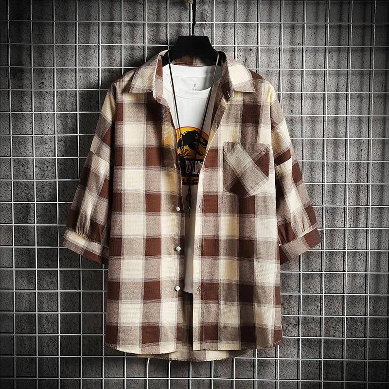 Рубашка мужская повседневная с коротким рукавом модная уличная одежда в клетку