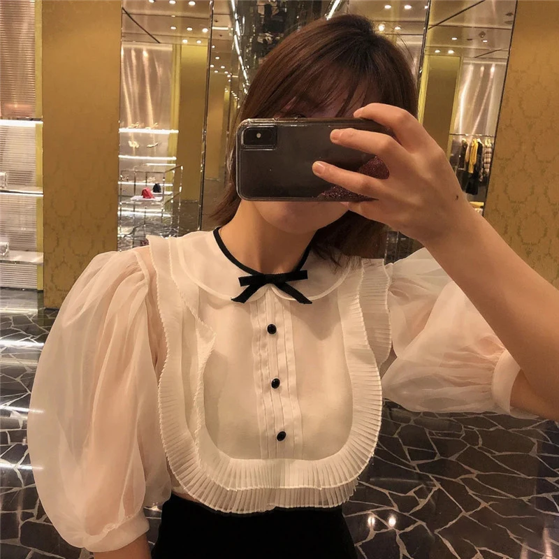 

2020 Early Spring New Organza Shirt All-match White Temperament Short Shirt with Wood Ears