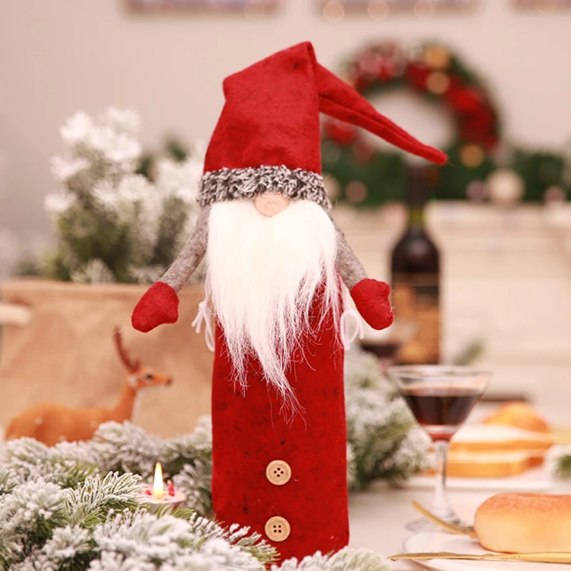 

Christmas Gnomes Wine Bottle Cover, Handmade Swedish Tomte Gnomes Wine Bottle Toppers Santa Claus Bottle Bags with Drawstring St