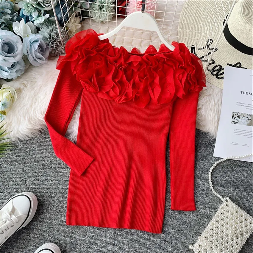 Designer Brand Ruffle 3d Floral Off Shoulder Sweater Women Long Sleeve Knitted Sweaters And Pullovers Slim Jumper Sueter Mujer | Женская