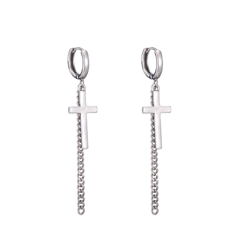 925 Sterling Silver Female Sweet Cross Earring Excellent Elegant Long Chain Earring for Girl Woman Fashion Temperament Jewelry