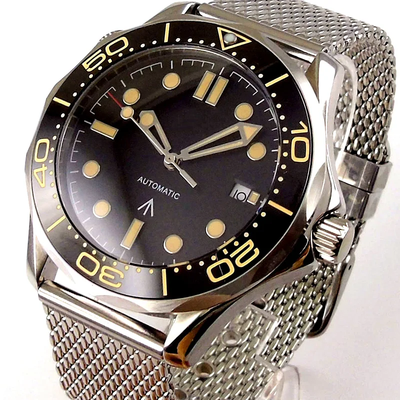 

41mm Bliger Black Dial Sapphire Glass Ceramic Bezel Yellow number Stainless Steel NH35 Miyota 8215 Automatic Mens Watch