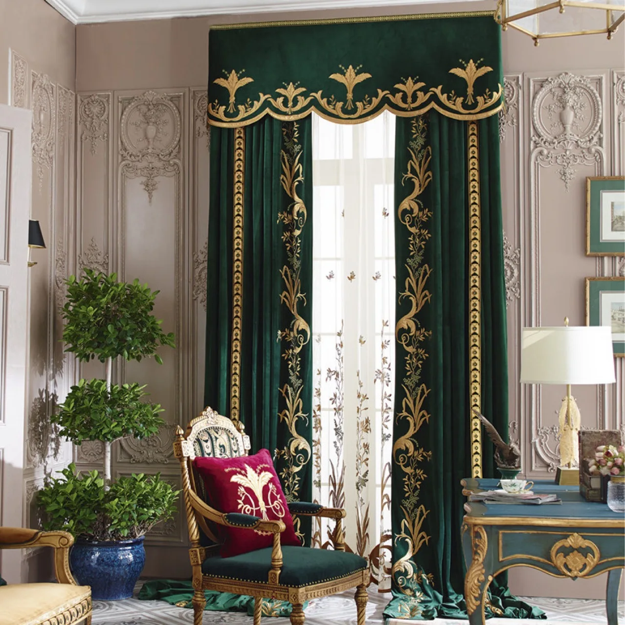

High End Embroideried Velvet Curtains for Villa Bedroom Living Room Bedroom Window Luxury Screen Tulle Curtain Valances